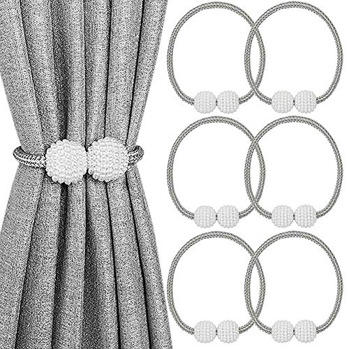 6 Pack Magnetic Curtain Tiebacks - Decorative Window Holdbacks (Grey)