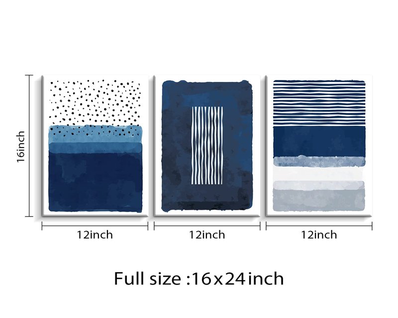 Creoate Blue Canvas Wall Art 3 Pieces - Abstract Blue White Painting Framed Print for Living Room Bedroom Decor Navy 16x24 Inch