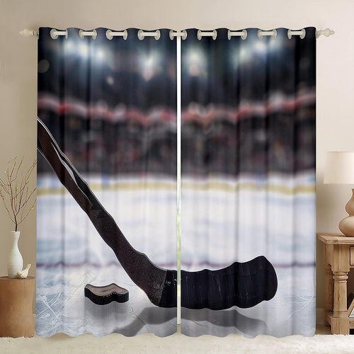 Ice Hockey Curtains for Bedroom Living Room for Girls Kids Sports Game Puck Sports Darkening Drapes Ice Sports Players Room Decorative Curtains Striped Window Treatments (2 Panels,52 x 63 Inch)