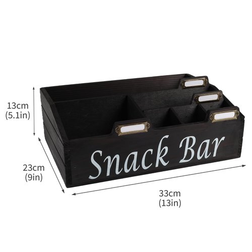 Xbopetda 6 Compartment Wooden Snack Organizer, Black Painted Pine Wood, Countertop Snack Bar Station, Pantry Organizer and Storage