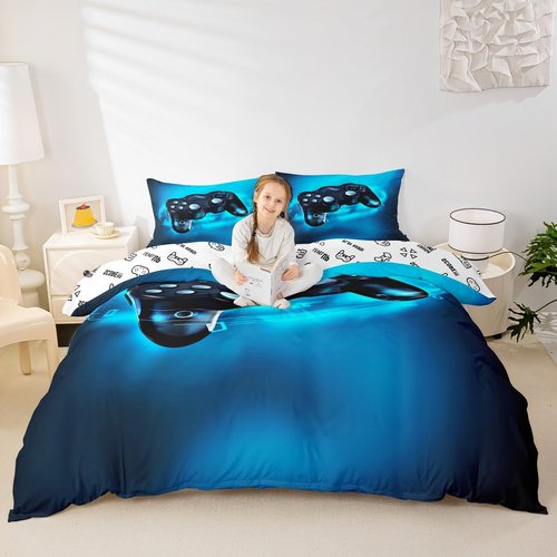 Feelyou Games Comforter Cover King,Gamepad Bedding Set for Boys,Kids Video Games Bedding Set Modern Gamer Console Action Buttons Fashion Teens Bedroom Decor 3 Pcs Ultra Soft Microfiber Zipper Ties
