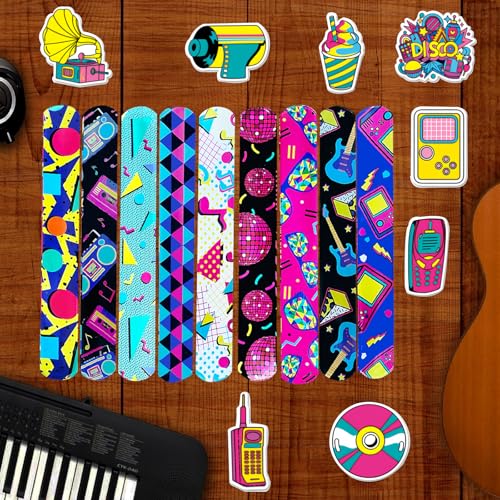 74-Piece 80s Party Favors Set: 24 Retro Slap Bracelets & 50 Stickers