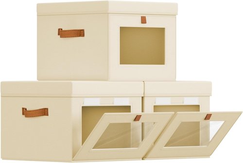 Homsorout Storage Bins - Foldable Fabric Organizer with Lid & Clear Window | 3-Pack Beige for Clothes Storage