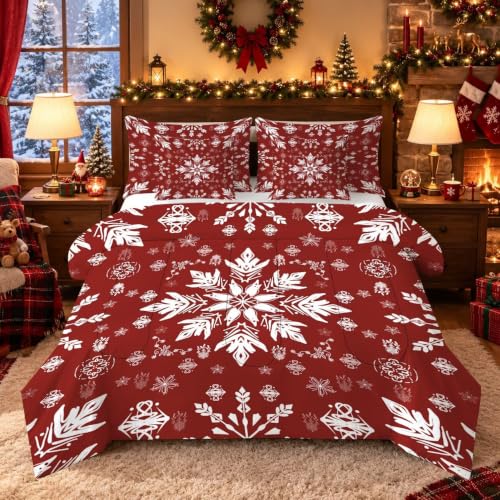 Red White Snowflake Twin Bedding Set - 5 Piece Bed in a Bag, Vintage Style, Model FUYEUN, Variation 02