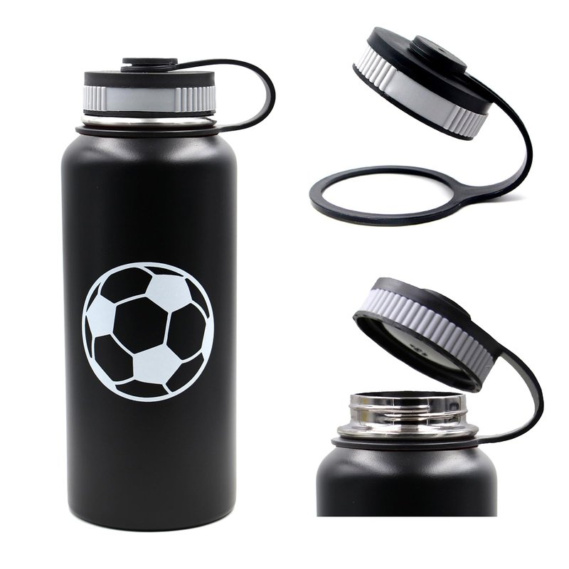 32 oz Soccer Water Bottle with Straw, Wide Mouth Sports Flask Metal Travel Tumbler with 2 Lids, Stainless Steel Double Wall Vacuum Insulated Leakproof Thermo Water Bottles, Soccer Gifts for Boys Girls