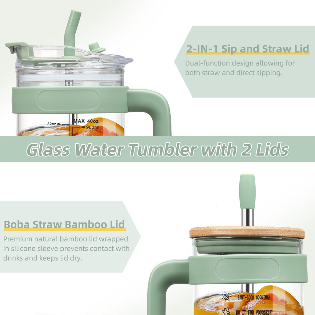 Chunmo 40 oz Glass Tumbler with 2 Lids - Bamboo Straw Lid & 2-in-1 Sip and Flip Straw Lid, Iced Coffee Cup with Handle, Glass Water Bottle with Silicone Sleeve, BPA Free - 1 Pack