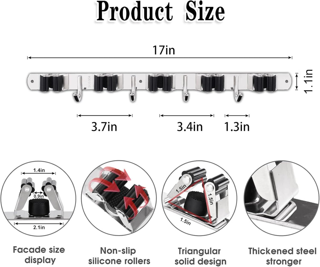 Skiennix Wall-Mounted Broom and Mop Holder - Heavy-Duty Stainless Steel Organizer with 5 Racks & 4 Hooks