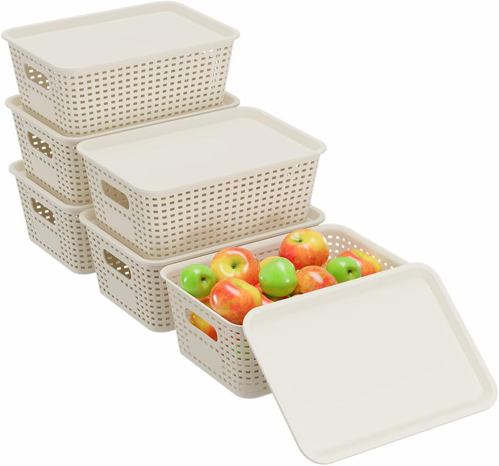 Resze Plastic Storage Baskets - 6 Pack with Lids | Breathable, Stackable Organizers for Home & Office, White