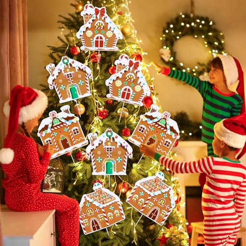 8 Pack Gingerbread House Christmas Ornaments with Tree Picks – Large 8.7x8.7in, 22cm