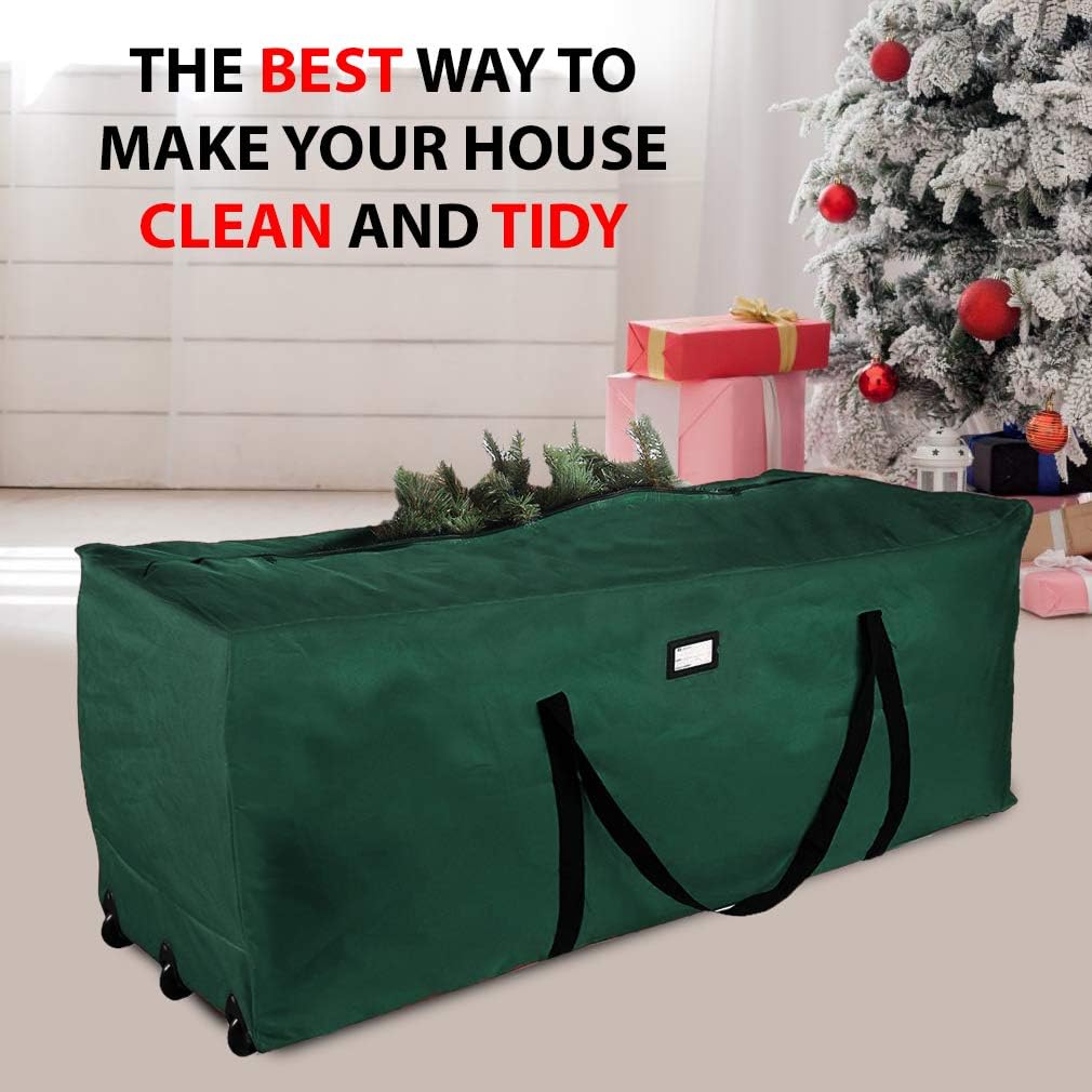 Primode Rolling Tree Storage Bag - Heavy Duty Holiday Tree Container with Wheels | Fits Up to 9 ft, Green, 28" H x 16" W x 60" L