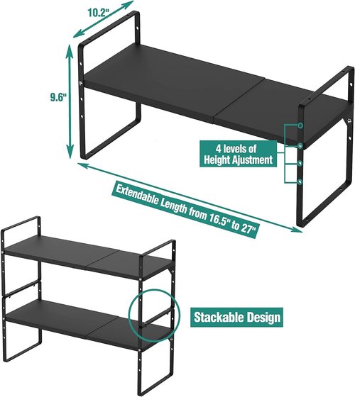 SUZLON Expandable Cabinet Shelf Organizer Rack, Stackable Kitchen Counter Storage Shelves Stand, Adjustable Height Pantry Shelf Spice Rack, Heavy Duty Nonslip Black Large 3Pack