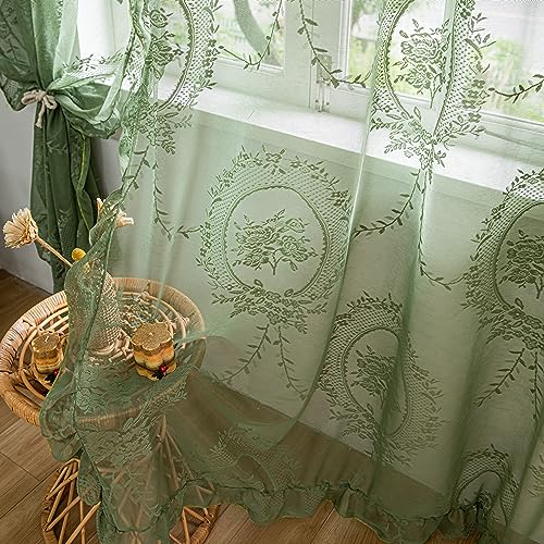 Olive Green Lace Curtains 57W x 72L two panels, farmhouse embroidery, 3