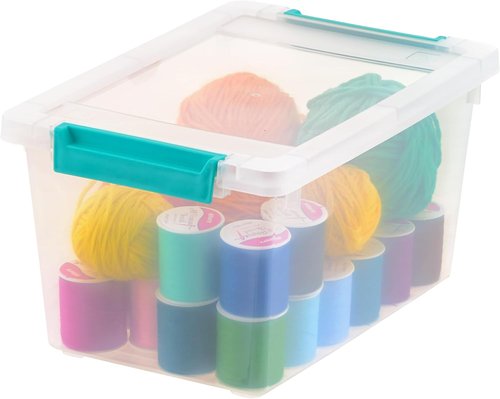 IRIS USA Craft Storage Bins - 4 Qt. Clip Box Tote Organizer, 6-Pack, Stackable - Clear/Seafoam Blue