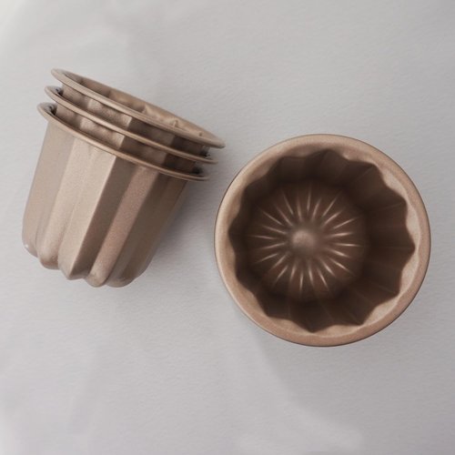 LoveDeal Set of 4 Nonstick Canele Molds, Mini Lace Canele Mold, Individual Washable Carbon Steel Canelle Pastry Molds, Popover Muffin Cupcake Pans for Oven Baking - 2.8 Inch, Gold