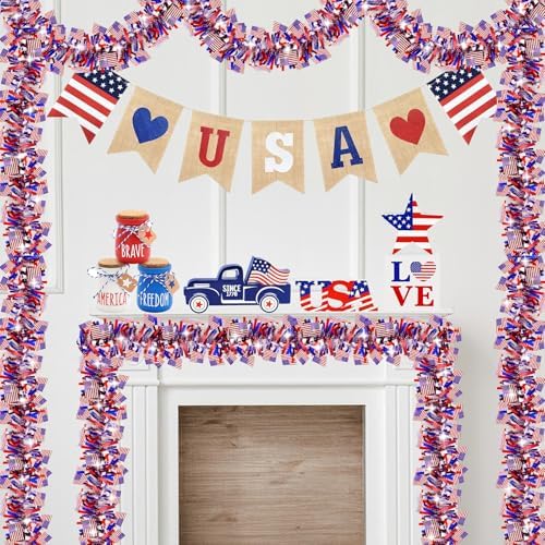 50 FT Patriotic Tinsel Garland - Red White & Blue 4th of July Decor