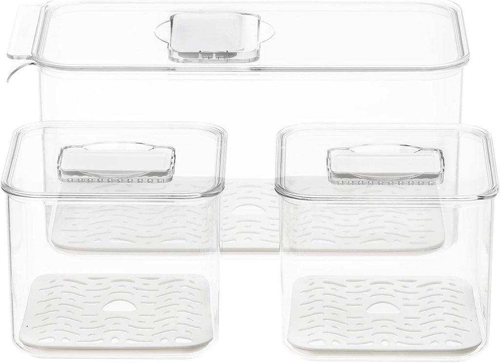 GEDLIRE Produce Saver Containers for Refrigerator 3 Pack, Stackable Plastic Fridge Food Fruit Vegetables Storage Bins with Vented Lids, Clear Freezer Fresh Keeper Organizers and Storage Container Set