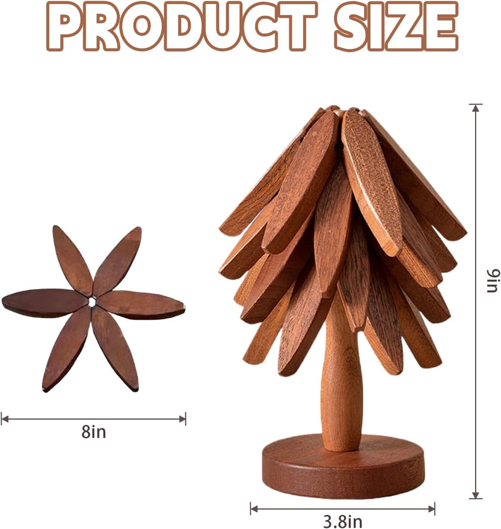 Skiennix Wooden Trivets - Tree Shape Set with 4 Walnut Wood Pieces & Stand | Foldable Hot Dish Holder