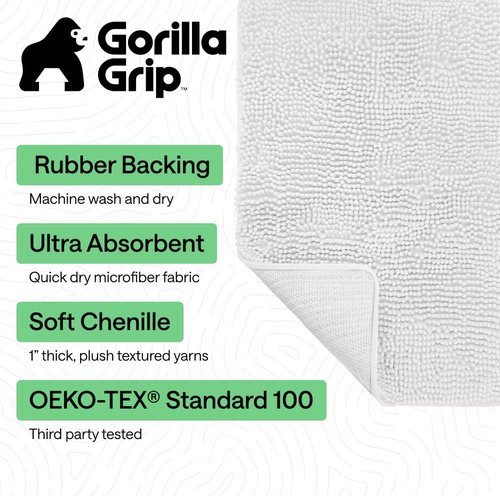 GORILLA GRIP Bath Rug Mat - Soft Absorbent Chenille | Quick Dry Microfiber, 30x20, White