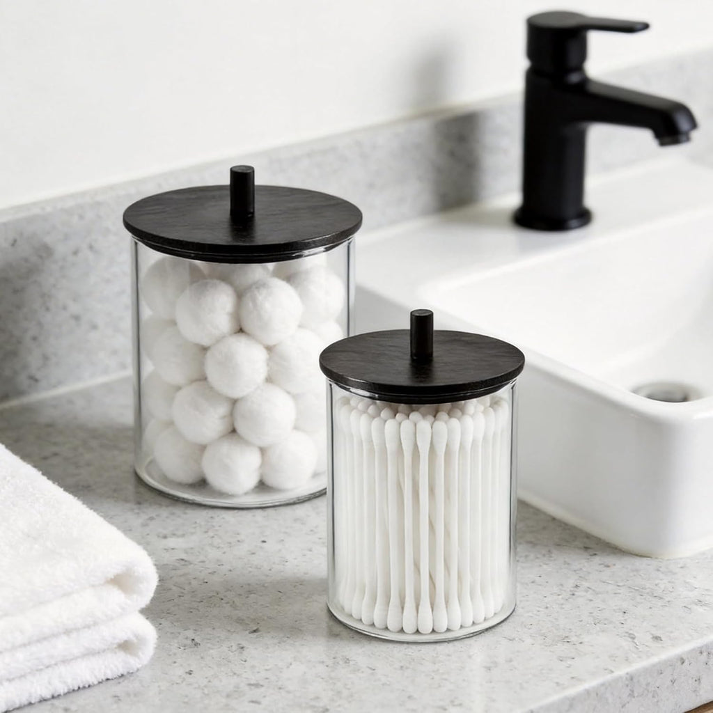 Skiennix Glass Qtip Holder Dispenser Set | 15oz & 10oz Cotton Swab Organizers with Black Wooden Lids