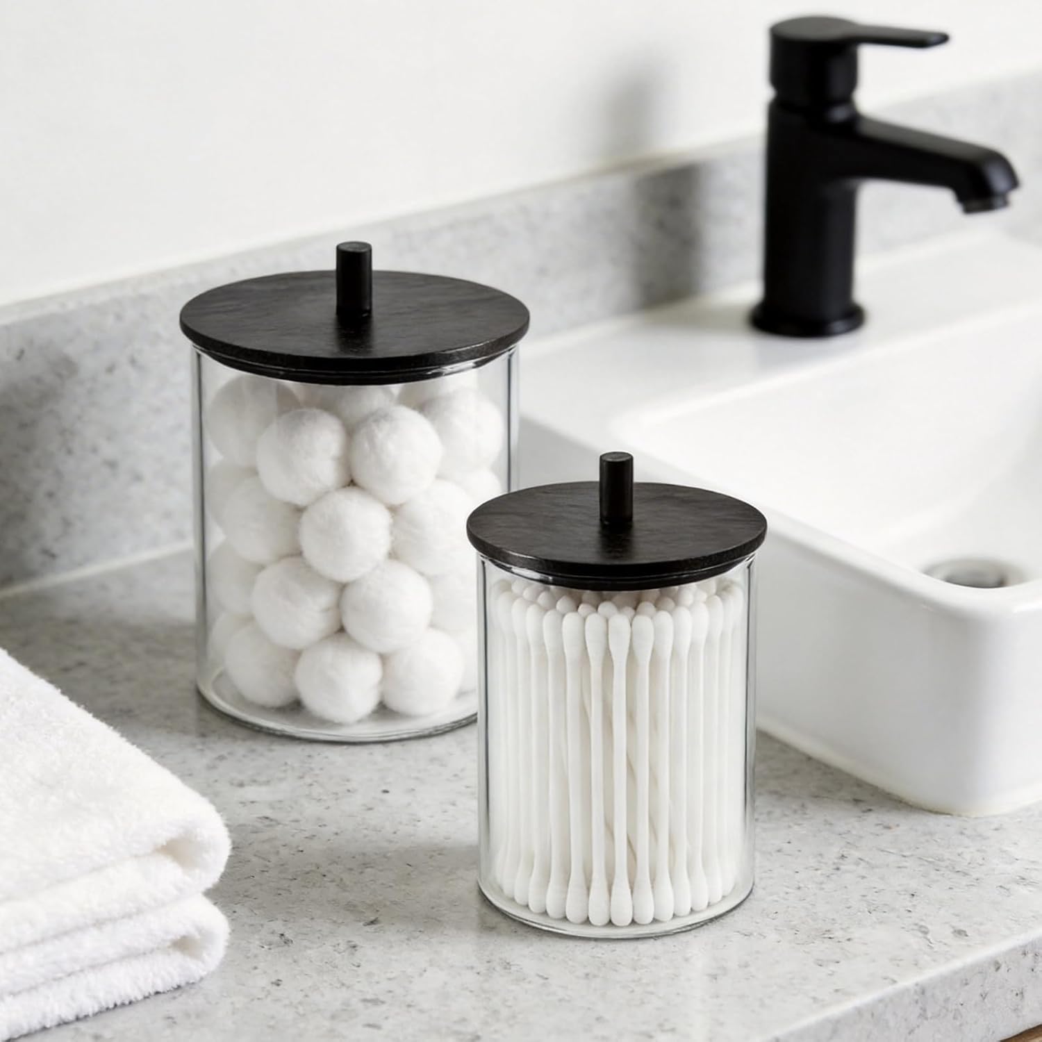 Skiennix Glass Qtip Holder Dispenser Set | 15oz & 10oz Cotton Swab Organizers with Black Wooden Lids