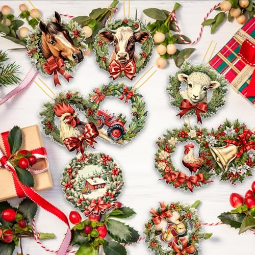Christmas Farm Animals Wooden Ornaments - Set of 24 Holiday Tree Decorations