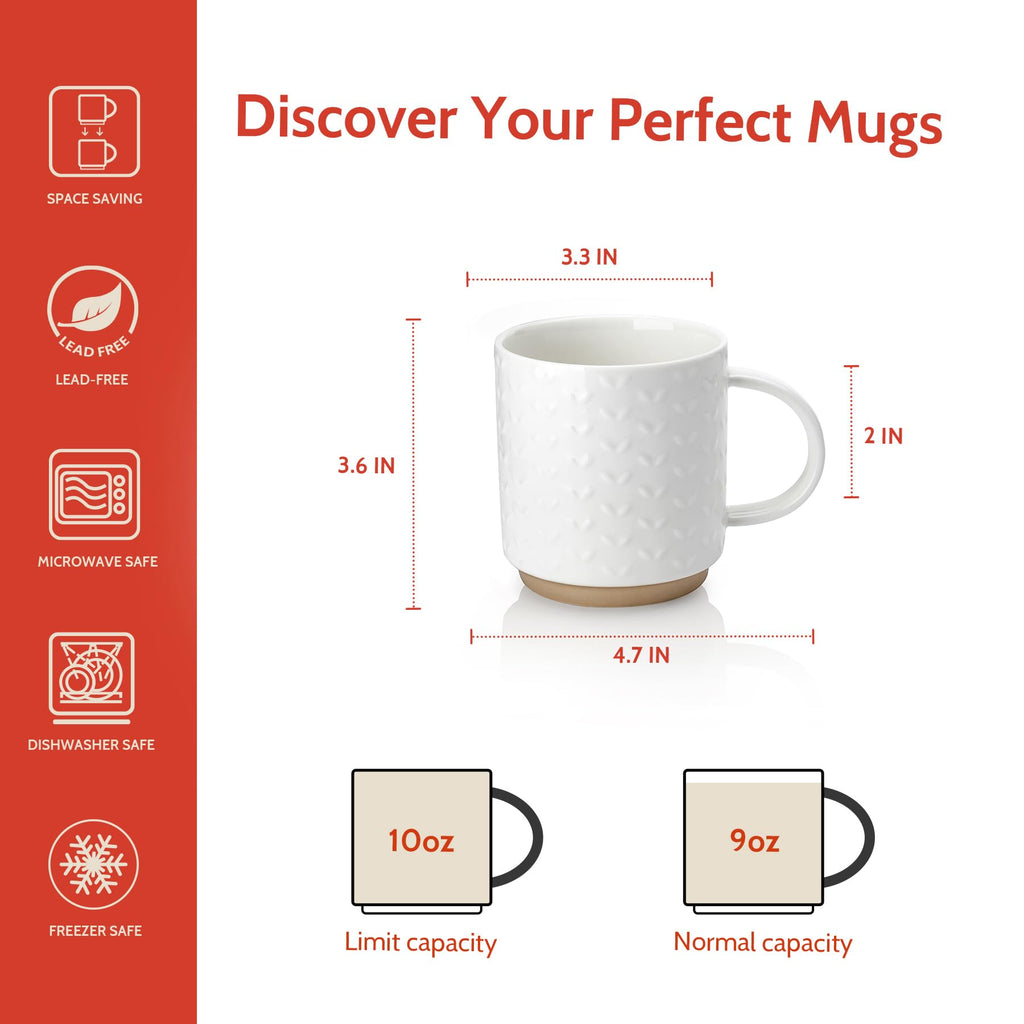 Sweese Stackable Coffee Mugs Set of 4, 10 oz Porcelain Coffee Cups with Embossed Design, White Cappuccino Cups for Coffee, Latte