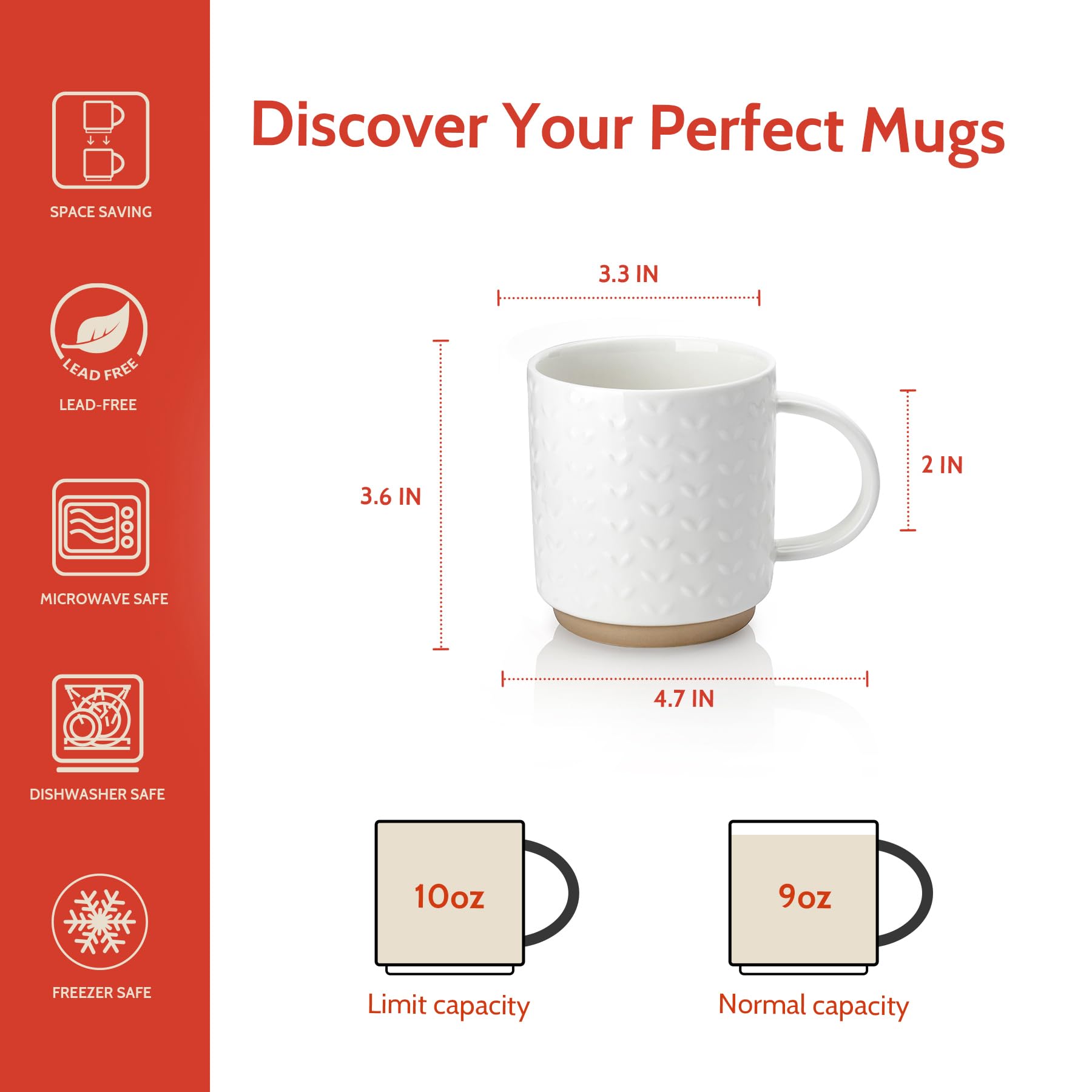 Sweese Stackable Coffee Mugs Set of 4, 10 oz Porcelain Coffee Cups with Embossed Design, White Cappuccino Cups for Coffee, Latte