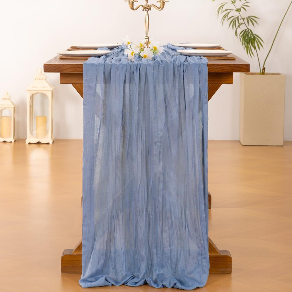 Socomi Cheesecloth Table Runner - Dusty Blue Boho Rustic Design | 120 Inch for Weddings & Home Decor