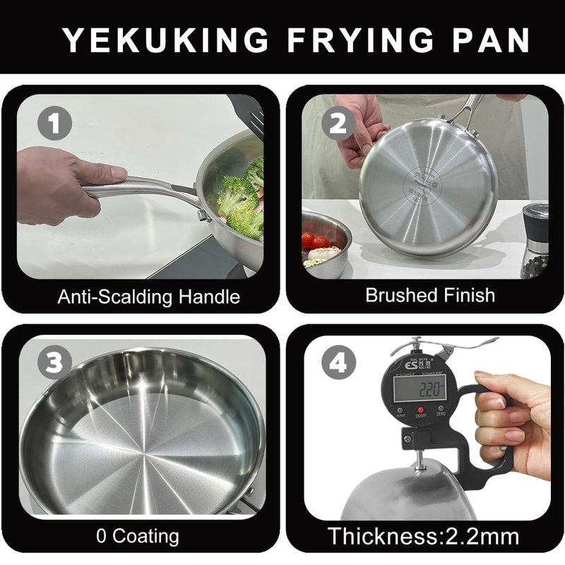 YeKuKing Tri-ply Stainless Steel Frying Pan 12 Inch Large Skillet for Chef's Cooking Pan Induction Oven Dishwasher Safe, Compatible with All Cooktops Up to 600℉ with Kitchen Tongs(Detachable Handle)