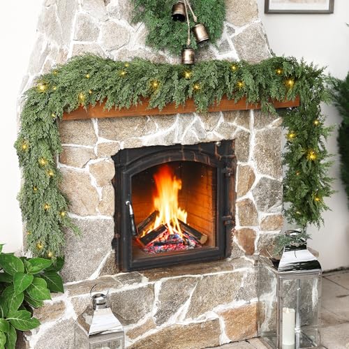 9Ft Cedar Christmas Garland with Lights for Mantle – Prelit Indoor/Outdoor Spruce Green Faux Pine, NUTIKAS