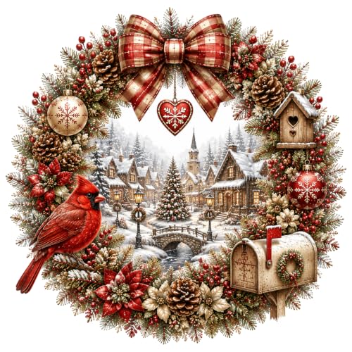 Christmas Wreath Wall Decal - Cardinal Winter Village Scene, 13.8 Inch, Peel & Stick Holiday Decor