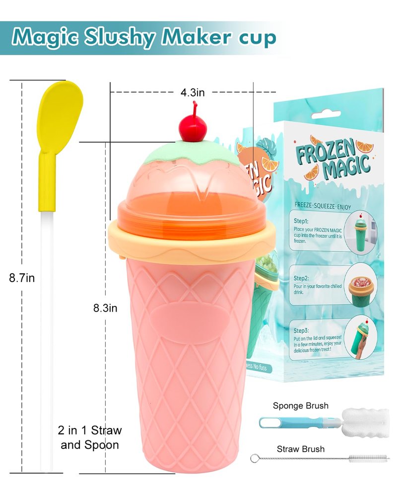 Slushie Cup, Smoothie Cups with Lids & Straws, Slushy Cup for Juices, Milk and Ice Cream Make, Portable Frozen Magic Slushie Cup Maker for Kids, Friends and Family (Pink)