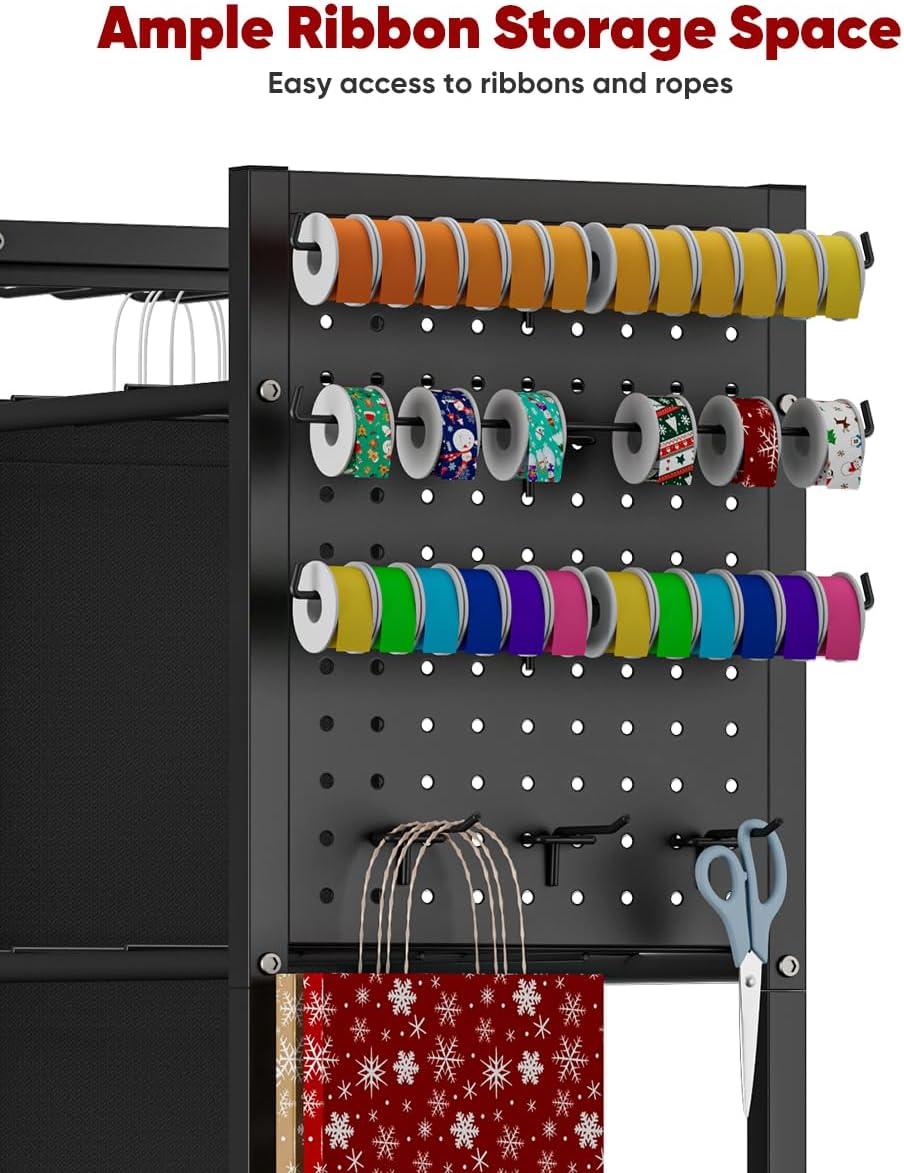 Skiennix Wrapping Paper Storage Organizer - Rolling Gift Wrap Station with Wheels & 12PCS Slap Bands | Black