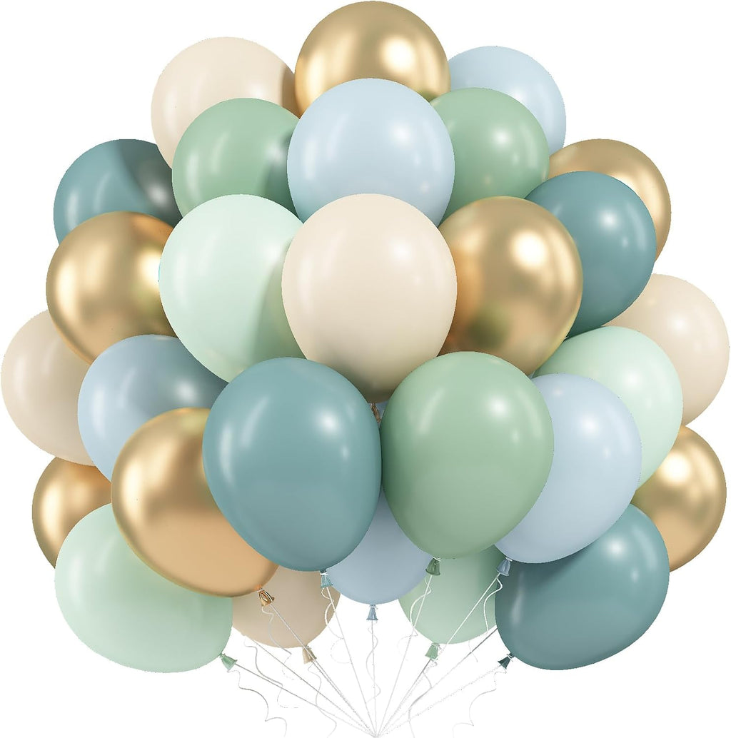 Sage Green & Blue Balloons - 60 PCS 12-Inch Dusty Green, Blue, Sand & Gold for Baby Shower | Wedding Decor