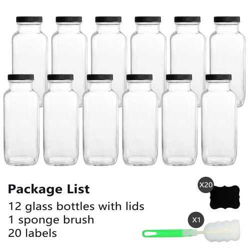 GUANENA 12 Pack Glass Drink Bottles, 16 OZ Vintage Square Water Bottles with Lids, Juice Bottles Beverages Containers for Milk, Kombucha, Smoothies