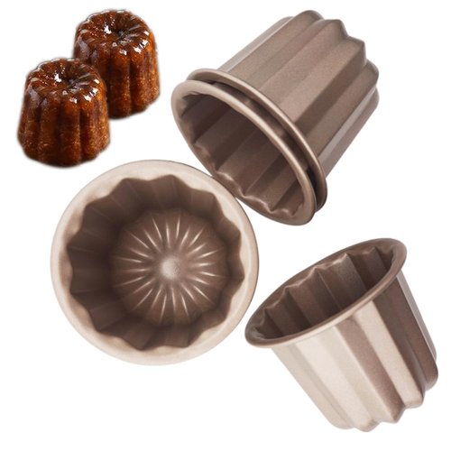 LoveDeal Set of 4 Nonstick Canele Molds, Mini Lace Canele Mold, Individual Washable Carbon Steel Canelle Pastry Molds, Popover Muffin Cupcake Pans for Oven Baking - 2.8 Inch, Gold