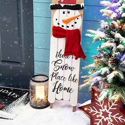 Glitzhome Wooden Snowman Welcome Wall Sign (42in) - Front Door Porch Rustic Snowman