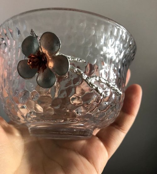 Eplze YBK Tech Crystal Gaiwan, Glass Kung Fu Tea Cup with Saucer and Lid, Chinese Traditional, Sancai Tea Bowl (Clear cup with plum flower)