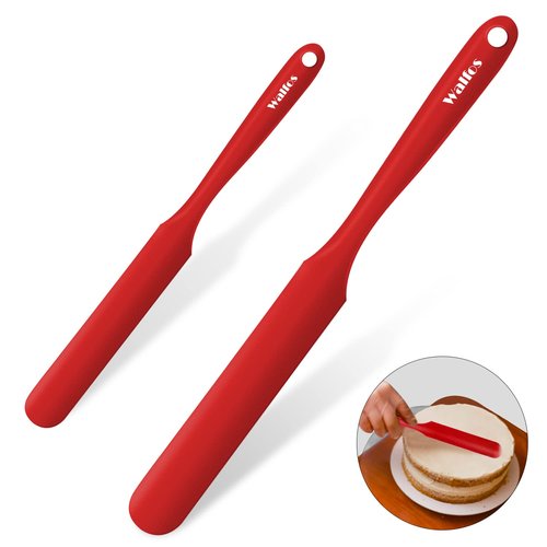 Walfos Silicone Jar Spatula - 600ºF Heat Resistant Kitchen Spatulas(2pcs), Strong Steel Core & One-Pieces Design,Mixing Batter & Cake Cream Spatulas, for Cooking & BPA Free & Dishwasher Safe, Red
