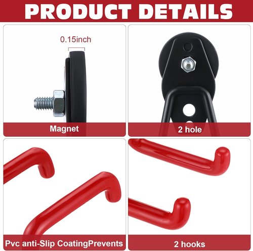 Landhoow Heavy Duty Magnetic Hooks - 6 Pcs Strong Storage Utility Hangers with Anti-Slip Rubber Coating | Red