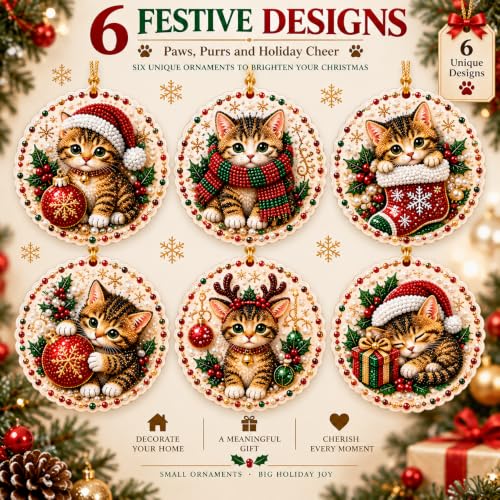 BRKYKGK 6Pcs Christmas Diamond Art Kit - Lace-Edge Kitten Ornaments with Hanging Twine (Style9)