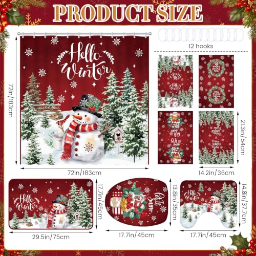 Tranqun Christmas Shower Curtain Set with Towels, Mat, Toilet Lid Cover & Hooks – Winter Holiday Bathroom Decor