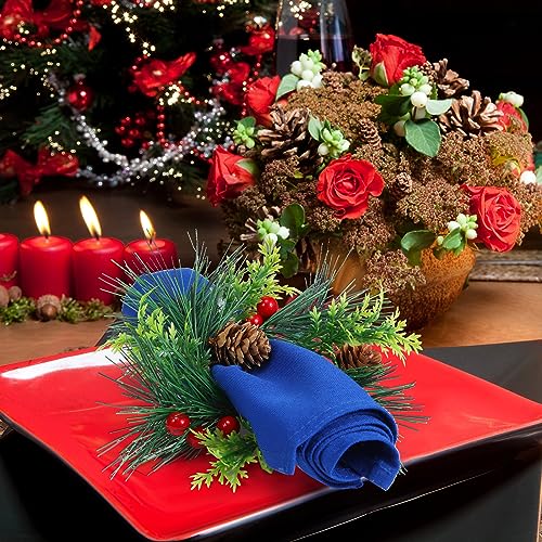 Geiserailie 12 Pcs Christmas Napkin Ring Holders, Wreath Style, Green Red (Green Leaves & Red Fruit)