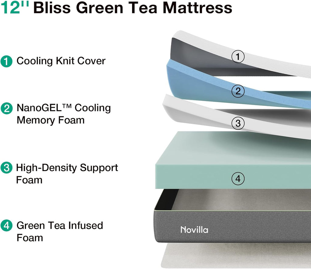 Novilla Bliss Green Tea Mattress - 12 Inch Gel Memory Foam Queen Size for Hot Sleepers | Cool Comfort & Back Pain Relief