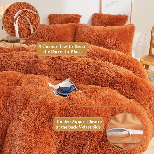 Fluffy Faux Fur Duvet Cover King Size - Burnt Orange Plush Bedding