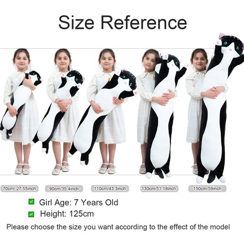 Giant Cat Pillow Plush Cartoon Kitty Sleeping Hugging Pillow, Cuddly Soft Long Kitten Body Pillow Doll Cat Cushion Toy for Kids Girlfriend (Black, 70cm/ 27.55inch)