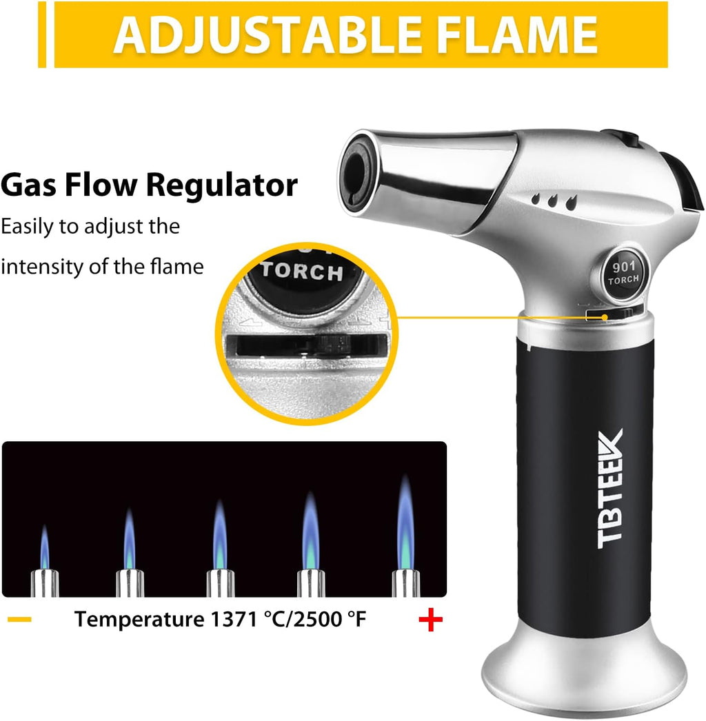 TBTEEK Cooking Torch Lighter - Adjustable Flame & Safety Lock for BBQ, Searing Steak, Creme Brulee | Ideal for Campfires