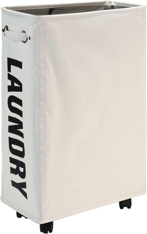 DOKEHOM Slim Rolling Laundry Basket - 25-Inch Collapsible Hamper for Narrow Spaces | Beige