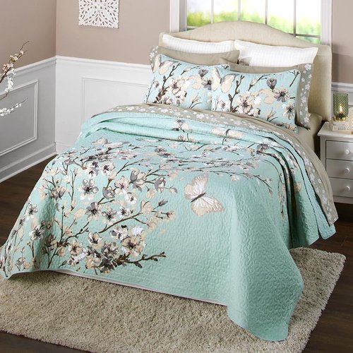 The Lakeside Collection Embroidered Cherry Blossom Quilt Set with Shams - King - 3 Pieces