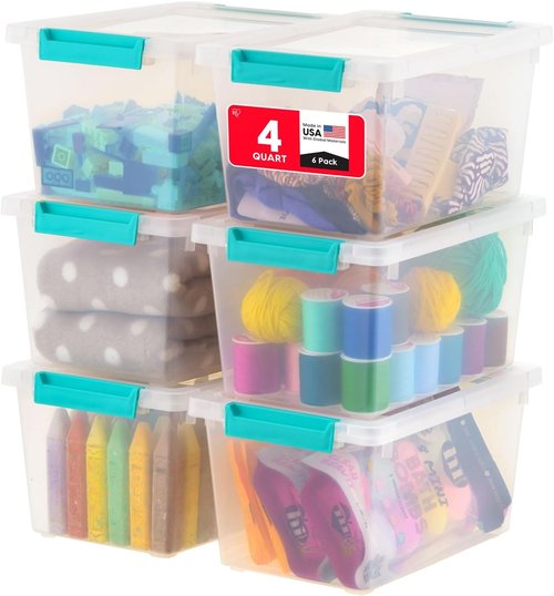 IRIS USA Craft Storage Bins - 4 Qt. Clip Box Tote Organizer, 6-Pack, Stackable - Clear/Seafoam Blue